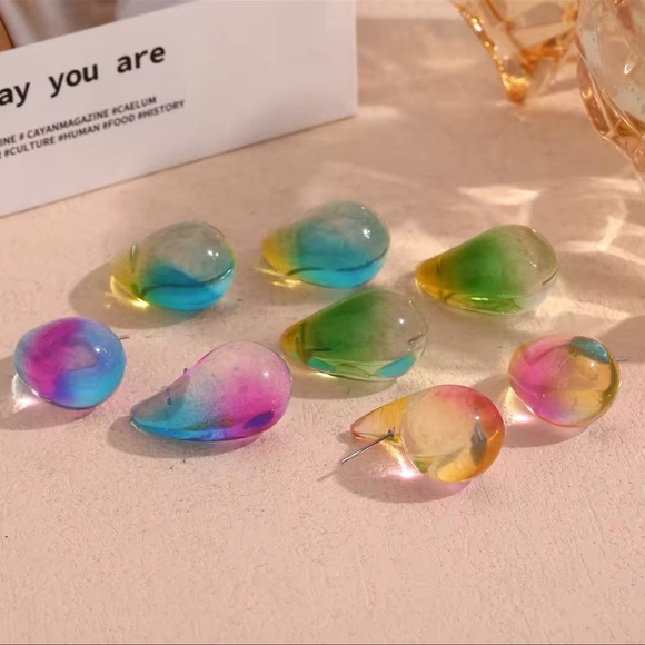 ◾️Transparent BlueYellow Resin Waterdrop Earrings - Picture 8 of 13